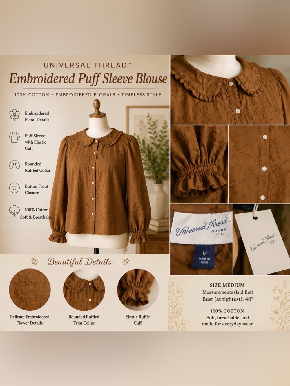 Brown copper tone -Embroidered Floral pattern -Puff Sleeve -100% cotton blouse